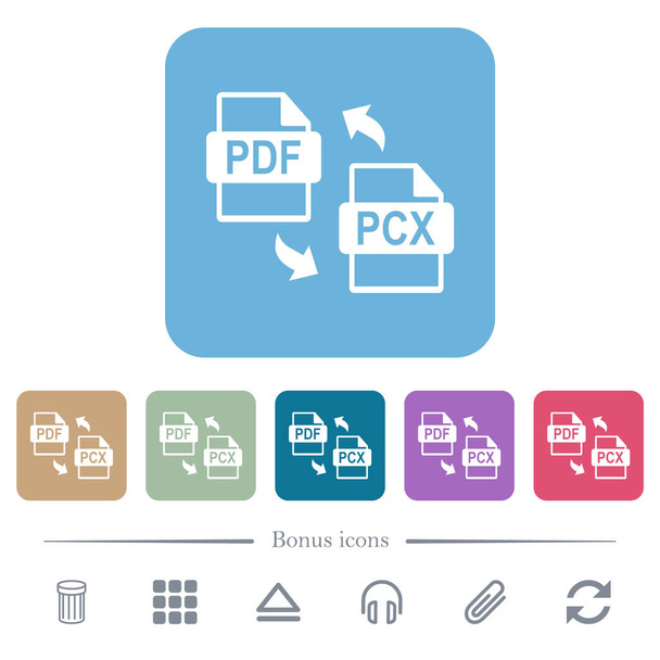 PDF PCX file conversion white flat icons on color rounded square backgrounds. 6 bonus icons included - Vector, Image