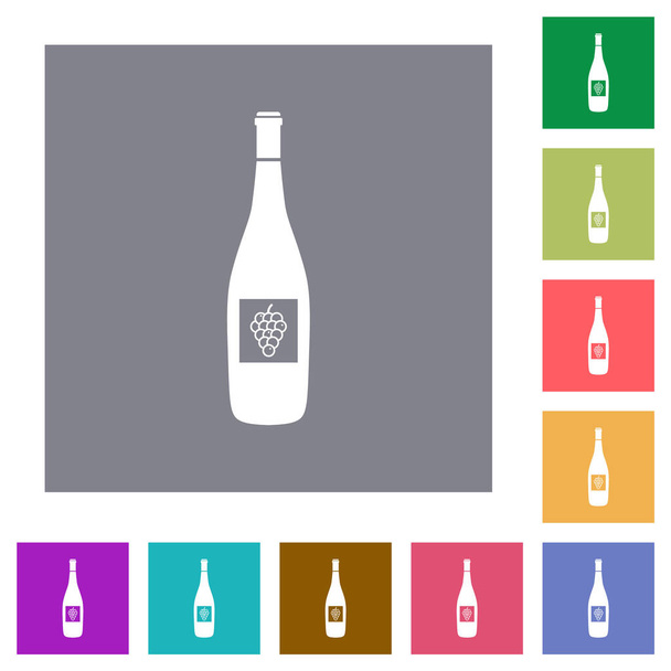 シンプルな色の正方形の背景にブドウフラットアイコンとワインボトル - ベクター画像