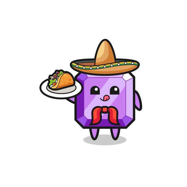 purple gemstone Mexican chef mascot holding a taco , cute design - Vector, afbeelding
