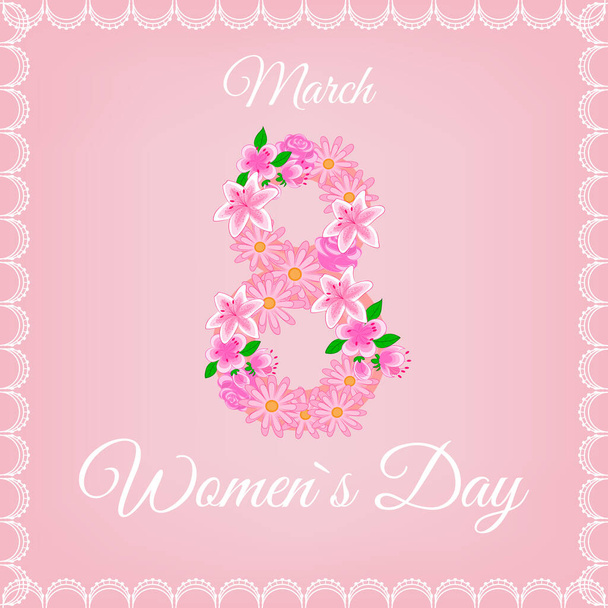 Womens Day 8 March holiday cards with number eight with lace decorative flowers on a pink background Template for Internet advertising social networks and fashion advertising Poster flyer postcard - Wektor, obraz