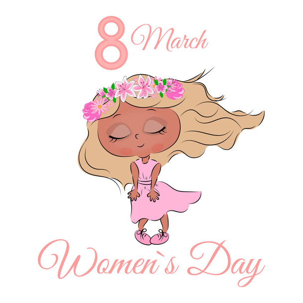 Womens Day 8 March festive card with a cute girl and number eight with flowers on a white background Template for advertising the Internet social networks and poster flyer postcard header for website - Vector, afbeelding