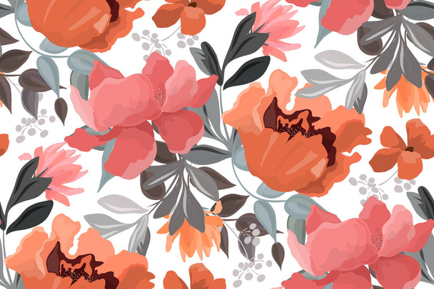 Vektorový květinový vzor. Růžové, červené a oranžové květy, poupata a šedé listy na bílém pozadí.  - Vektor, obrázek
