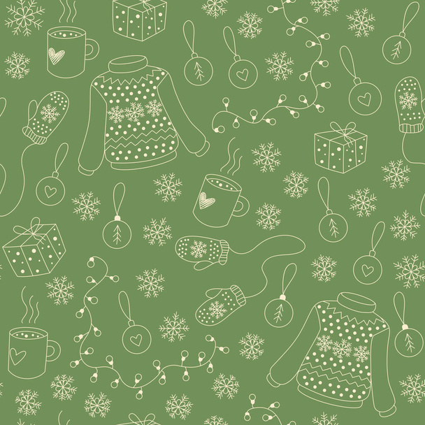 Christmas seamless pattern with silhouettes of sweater, snowflake, gift, xmas decoration and mug of tea. Green colored. For wallpaper, wrapping paper, textile, greeting card. Vector background. - Vector, Image