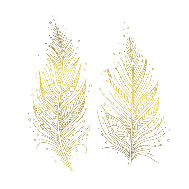 Golden bird feathers isolated, hand drawn decorative elements in boho style. Vector illustration. - ベクター画像