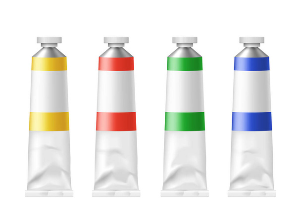 Set of paint tubes with empty template logo. Bottles with acrylic red, yellow, green and blue paint - Vektori, kuva