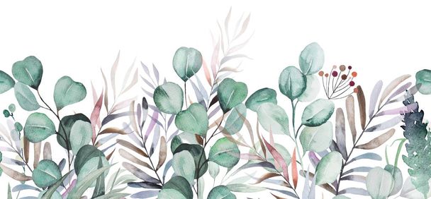 Watercolor light green eucaliptus branches and leaves seamless border illustration isolated on white for autumn and winter wedding stationary, greetings cards, wallpapers, crafting. Greenery Hand painted border - Photo, Image