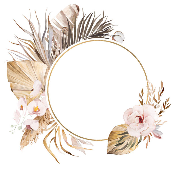 Watercolor Bohemian round frame with tropical and cotton flowers, dried palm leaves and pampas grass illustration with copy space isolated. Beige Element for wedding design, greetings cards, crafting - Foto, immagini