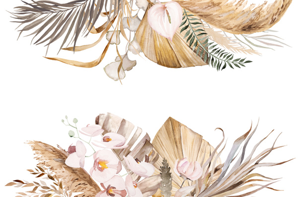 Moldura boêmia aquarela com flores tropicais e de algodão, folhas de palma secas e grama pampas ilustração com fundo aquarela, espaço de cópia. Elemento bege para design de casamento e artesanato - Foto, Imagem