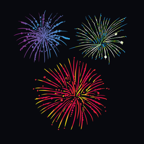 Beautiful color fireworks in the sky. Festive fireworks vector. New Year's pyrotechnics - Vector, Image