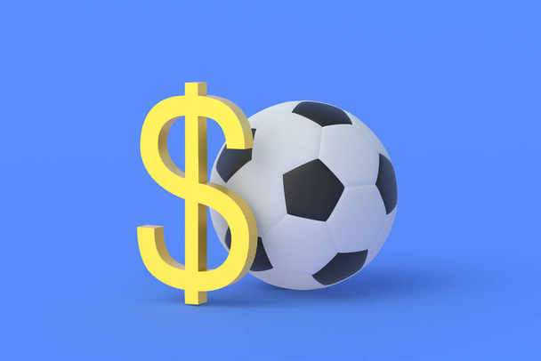 Sports Equipment. Prize fund. Sports betting. Winning the totalizator. Transfer cost. Purchase, sale of a football club. Fair play. Penalties and sanctions. Soccer ball near dollar symbol. 3d render - Foto, afbeelding