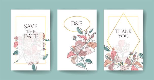 Save the Date. Boho wedding invitation cards set. Template based on floral background with hibiscus and gumamela flowers. Set consists of three floral template. Beautiful postcard templates. - Vector, afbeelding
