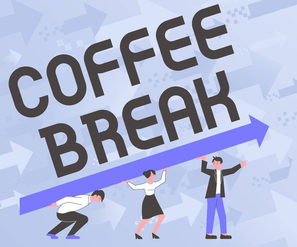 Writing displaying text Coffee Break. Business concept short time allotted for drinking coffee without doing any work Four Colleagues Drawing Standing Holding Large Arrow For Success. - Фото, зображення