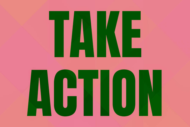 Podpis tekstowy przedstawiający Take Action. Słowo Napisane na pozytywnym akcie podejmowania decyzji, aby rozwiązać problem Line Illustrated tła z różnych kształtów i kolorów. - Zdjęcie, obraz