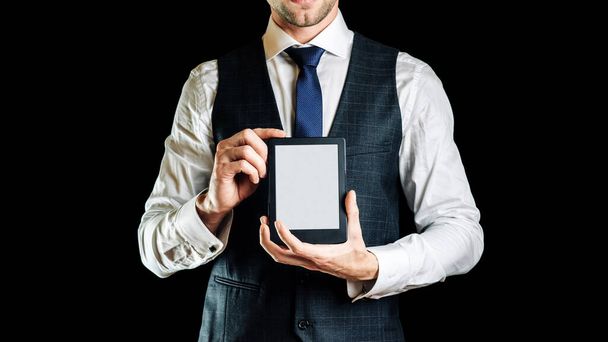 E book reader. Digital book, library reader tablet in business man hand. Concept of education, library, students - Foto, Bild