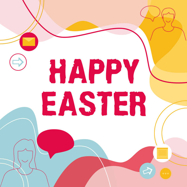 Conceptual display Happy Easter. Word Written on a celebration of the resurrection of Jesus Christ from at sunrise Illustration Couple Speaking In Chat Cloud Exchanging Messages. - Fotó, kép