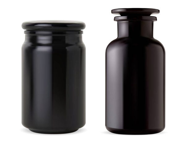 Siyah cam eczacı şişesi. Banyo tuzu kavanozu, parlak kaliteli şarap şişesi. Aroma mumu yuvarlak konteynır modeli. Retro laboratuvar şişesi, zarif bir takviye. berber ürün şişesi - Vektör, Görsel