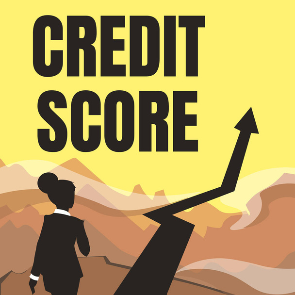 Conceptual caption Credit Score. Conceptual photo numerical expression that indicates a person s is creditworthiness Lady Walking Towards Mountains With An Arrow Marking Success - Фото, изображение