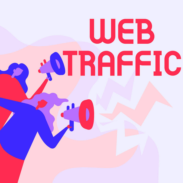 Text sign showing Web Traffic. Conceptual photo amount of web users and attempted visit measured of a website Women Drawing Holding Megaphones Making Announcement To The Public. - Fotó, kép