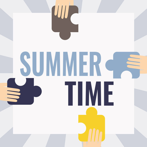 Conceptual display Summer Time. Internet Concept the hottest season of the year characterized by short nights Illustration Of Hands Holding Puzzle Pieces Each Sides Of Box. - Foto, Bild