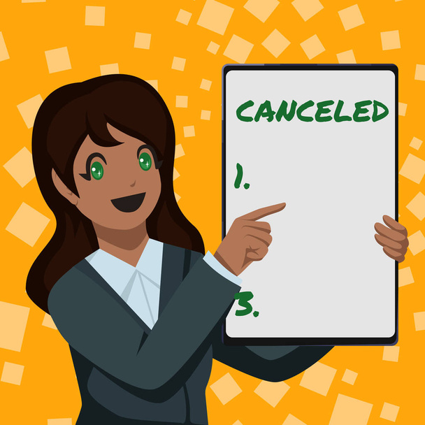 Conceptual display Canceled. Concept meaning to decide not to conduct or perform something planned or expected Business Woman Drawing Holding Blank White Board Presenting Announcements - Zdjęcie, obraz