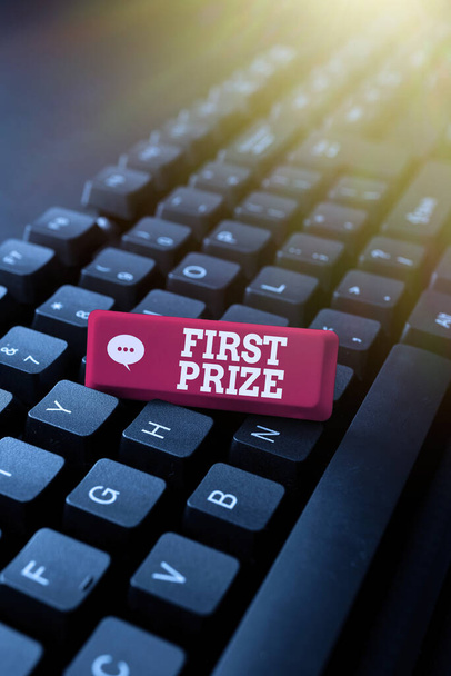 Text sign showing First Prize. Business showcase most coveted prize that is only offered to the overall winner Abstract Drafting A Binding Contract, Creating Antivirus Codes - Foto, Imagem