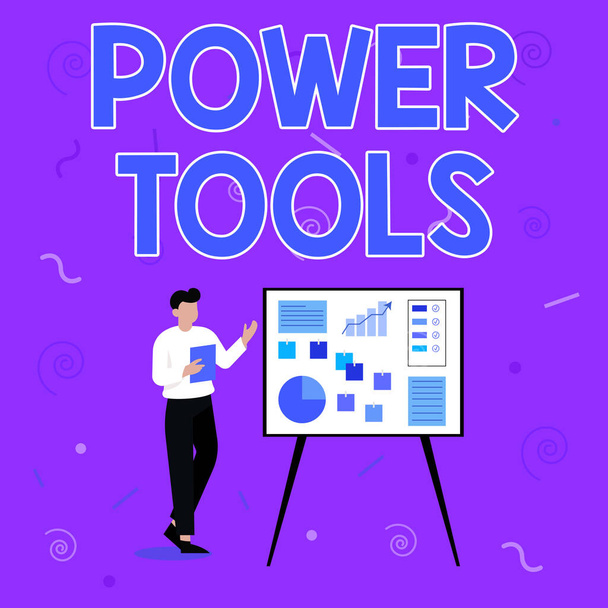 Conceptual display Power Tools. Business approach tools powered by an electric motor mostly used for manual labor Businessman Drawing Standing Presenting Ideas For Their Success. - Photo, Image