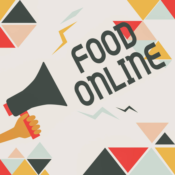 Az ihletet adó szöveg Food Online. Szóról szóra változatos élelmiszerek létre egy honlapon közvetlenül szállított áruház illusztrációja hangos hangosbeszélő, hogy bejelentést a nyilvánosság számára. - Fotó, kép