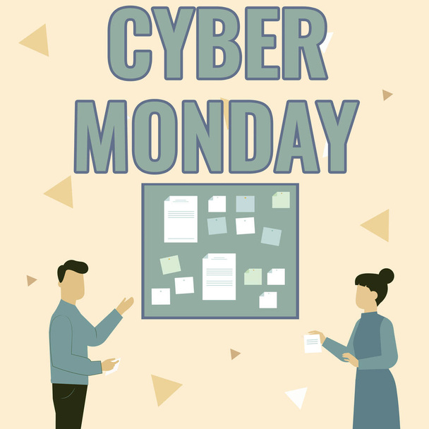 Inspiration showing sign Cyber Monday. Conceptual photo a day where ecommerce websites offer a special deal for buyers Illustration Of Couple Presenting Ideas Holding Notes Sticking On Boards. - Фото, зображення