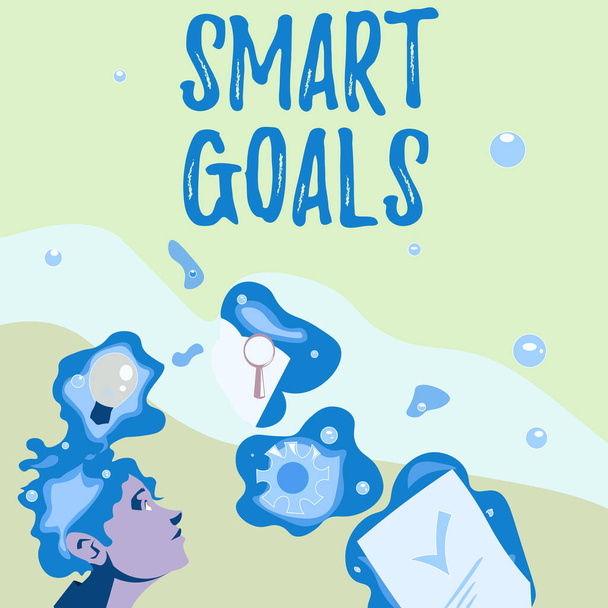 Tekst pisma Smart Goals. Podejście biznesowe mnemonic wykorzystywane jako podstawa do wyznaczania celów i kierunku Ilustracja człowieka stojącego wymyślanie nowych niesamowitych pomysłów - Zdjęcie, obraz