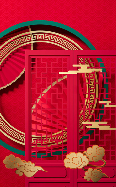 Escena de estilo chino y fondo de estilo chino, representación 3d. Dibujo digital informático. - Foto, imagen