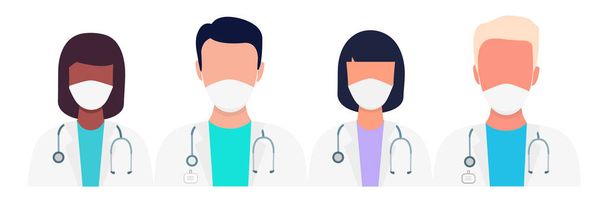  Γιατροί και νοσοκόμες χαρακτήρες που φοράνε ιατρικές μάσκες. Ιατρική υποστήριξη έννοια. Διάνυσμα απομονωμένο σε λευκό. - Διάνυσμα, εικόνα