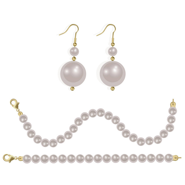 White pearl beads and pearl earrings, realistic illustration in vector illustration - Vector, Image