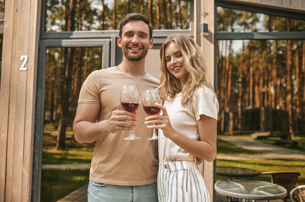 Young smiling couple holding glasses with wine and looking happy - Foto, afbeelding