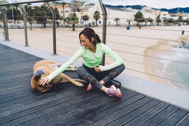 Gorgeous woman having good time with morgel pet resting at coastline pier, pretty fit girl enjoying leisure for playing and training purebred dog during morning walking satisfied with vitality - Fotoğraf, Görsel