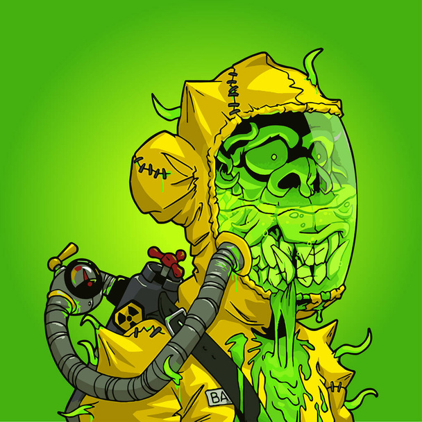 Macaco mutante radioativo mega em terno hazmat e fundo verde ilustração arte NFT - Foto, Imagem