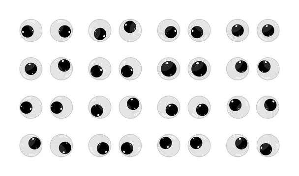 Googly eyes. Wobbly plastic eyes for toy. Puppet eyeballs. Cartoon glossy round eyes isolated on white background. Look down, up, left, right, crazy, silly, fun icons. Vector. - Vector, Image