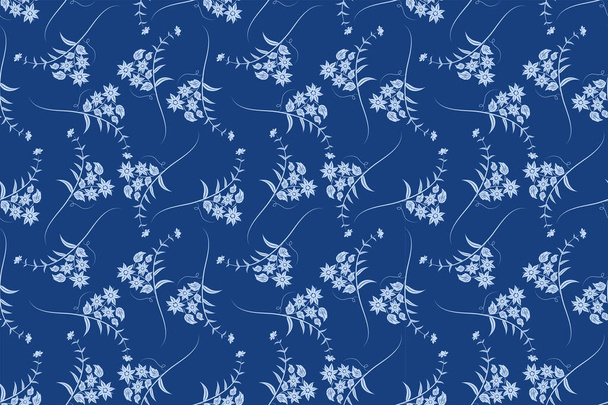 Botanisches nahtloses Muster in trendiger blauer Farbe, Kunst, Textilien, Dekorationen, Alben, Tapeten. - Vektor, Bild
