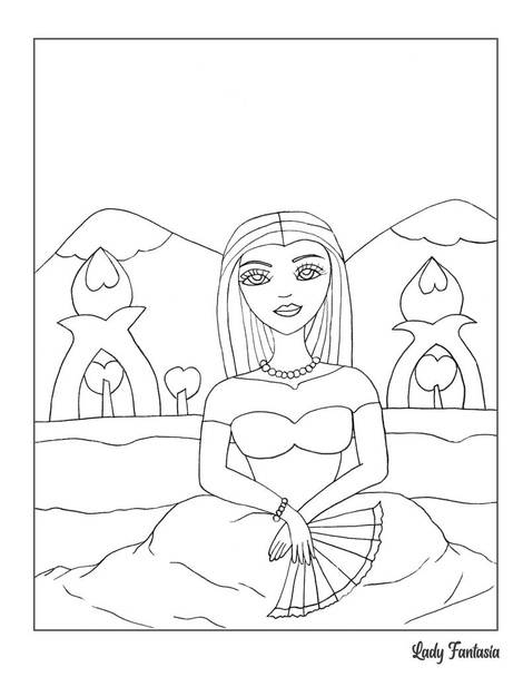 Printable coloring page: Lady FantasiaLady Fantasia is a beautiful young girl who lives in a faraway kingdom, she can tell you incredible and cool stories that will make your imagination fly like when you were a child.  - Foto, Imagem