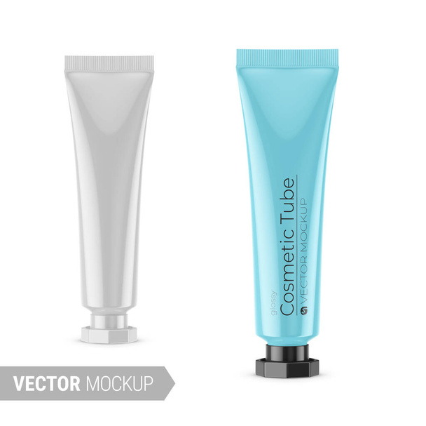 White glossy plastic cosmetic tube mockup. Vector illustration. - Vektor, Bild