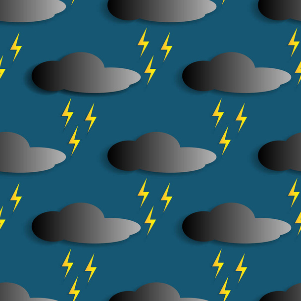 vector illustration design, cloudy black sky and yellow lightning. dark blue background. seamless pattern design for wallpaper, background, cover, paper cut and print on fabric. simple and unique modern template - Vector, imagen