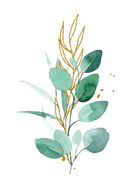 Aquarellzeichnung. Bouquet, Zusammensetzung der Eukalyptusblätter. grüne und goldene tropische Blätter im Vintage-Stil - Foto, Bild
