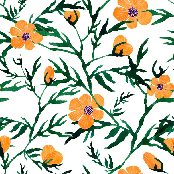 Seamless watercolor floral pattern - green leaves and branches composition on white background. - Valokuva, kuva