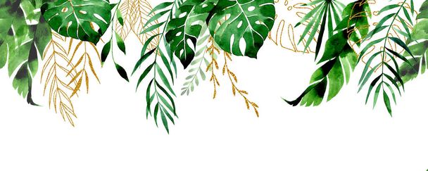 watercolor drawing. seamless border, frame from tropical leaves. gold and green leaves of palm, monstera. rainforest leaves web banner - Photo, image