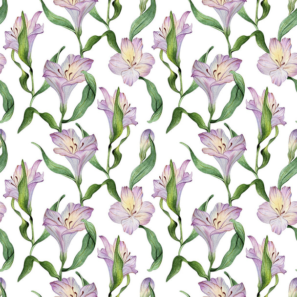 Seamless watercolor floral pattern - green leaves and purple alstroemeria composition on white background - Фото, изображение