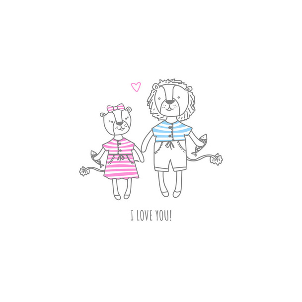 I love you. cute Valentine's Day greeting card with lions in love - Вектор, зображення
