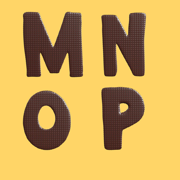 3D-Rendering von Schokoladenwaffelbuchstaben Alphabet - Buchstaben M-P - Foto, Bild