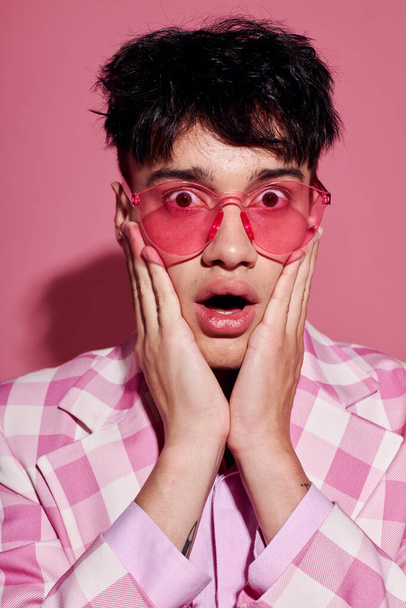 Photo of romantic young boyfriend self confidence pink plaid blazer fashion posing model studio - Zdjęcie, obraz