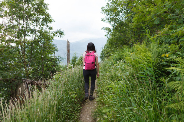Wandering through forest, woman walks trails. - Foto, Bild