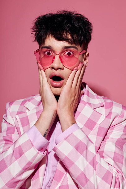 handsome guy in pink glasses pink blazer posing studio isolated background unaltered - Photo, Image