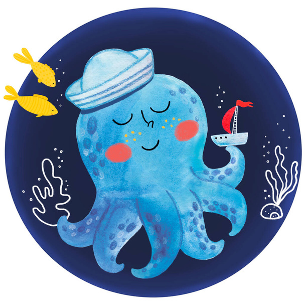 Octopus character. Cute watercolor octopus logo, kids design. Sea animal illustration. Hand painted cartoon octopus element. Under the sea nursery children animal. - Фото, изображение